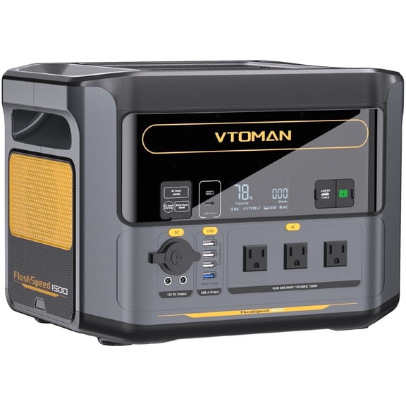 VTOMAN FlashSpeed 1500 Portable Power Station, 1548Wh 1Hour Fast Charge LFP Battery Solar Generator 1500W (3000W Peak) For Vehicle Jump Start Outdoor Camping Off-grid Power Outage