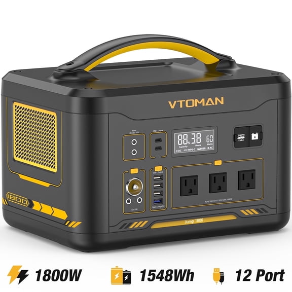 VTOMAN Jump 1800 Portable Power Station,1548Wh LiFePO4 Battery,1800W Solar Generator for Heater,Home&Camping Backup,Power Outages,Rvs(No Solar Panel)