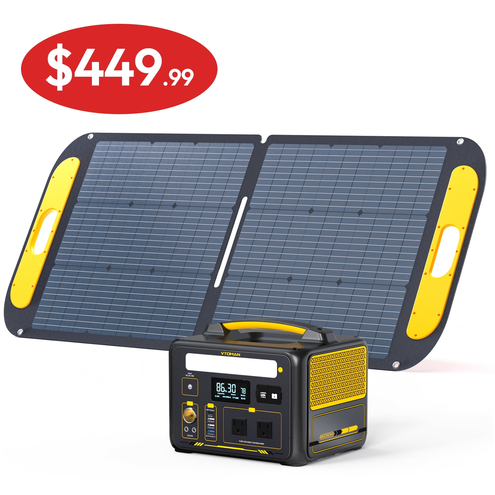 VTOMAN Jump 600X Portable Power Station 600W with 110W Solar Panel,299Wh  LiFePO4 Battery Power Station with 110V/600W AC Outlet,Solar Generator for