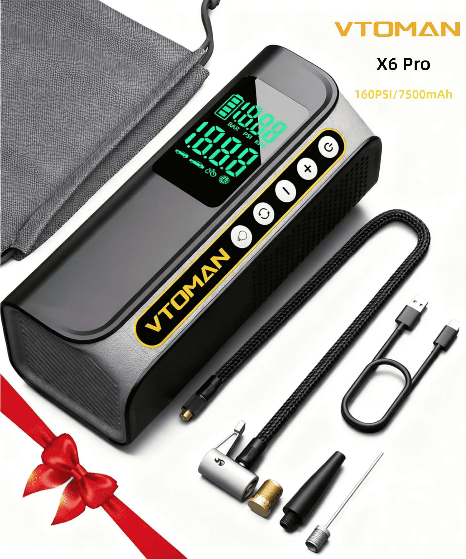 VTOMAN X6 Pro Portable Air Compressor-160PSI Cordless Tire Inflator with LED Light,7500mAh Compact Auto Tire Pump for Car,Bikes,Balls and More