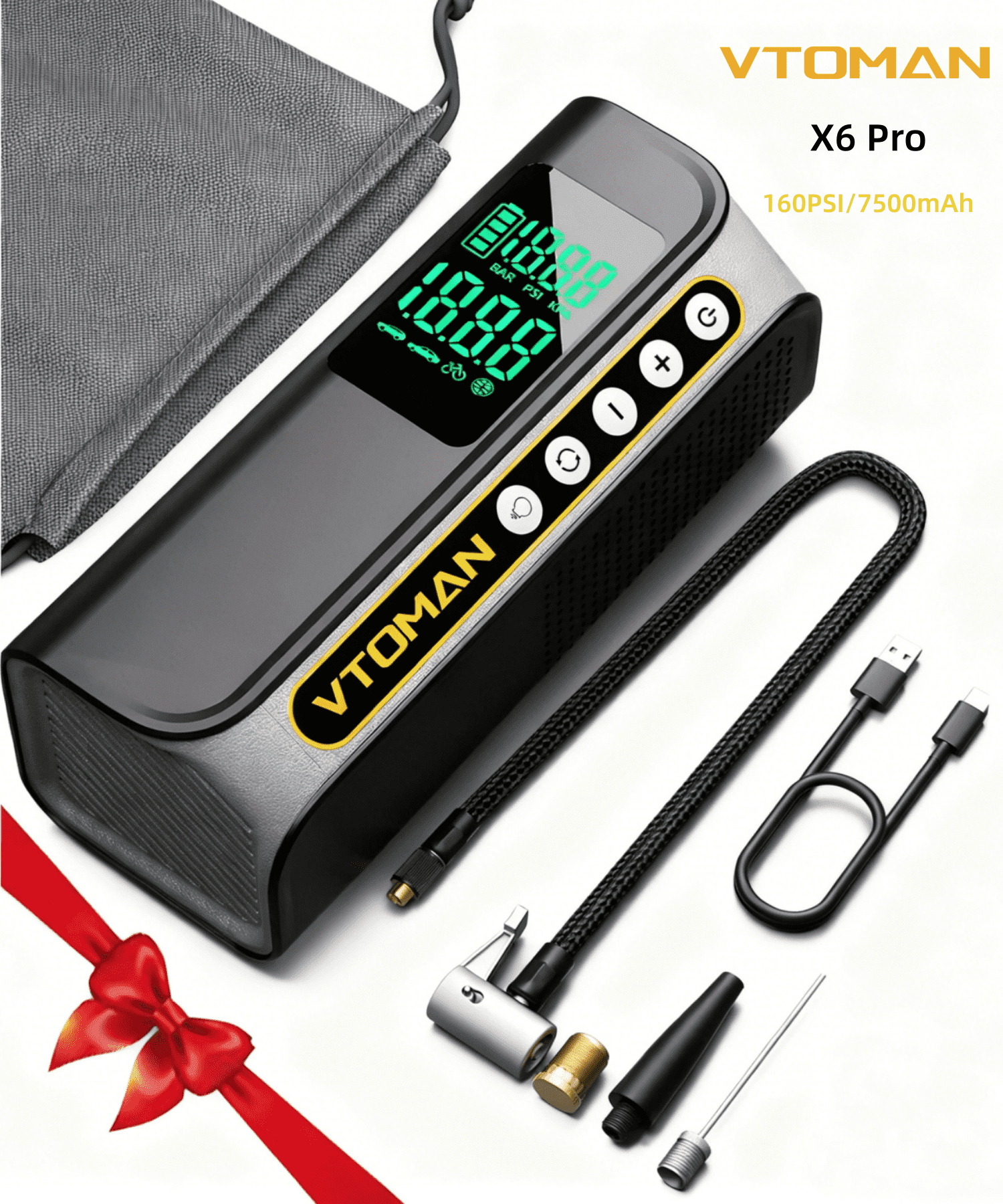 VTOMAN X6 Pro Tire Inflator Portable Air Compressor, 160PSI Cordless Auto Air Pump with Digital Gauge & LED Light