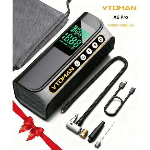 VTOMAN X6 Pro 160PSI 7500mAh Portable Tire Inflator, Air Pump for Car/Bike/Balls, Auto Shut-Off Air Compressor with LED Light Digital Pressure Gauge