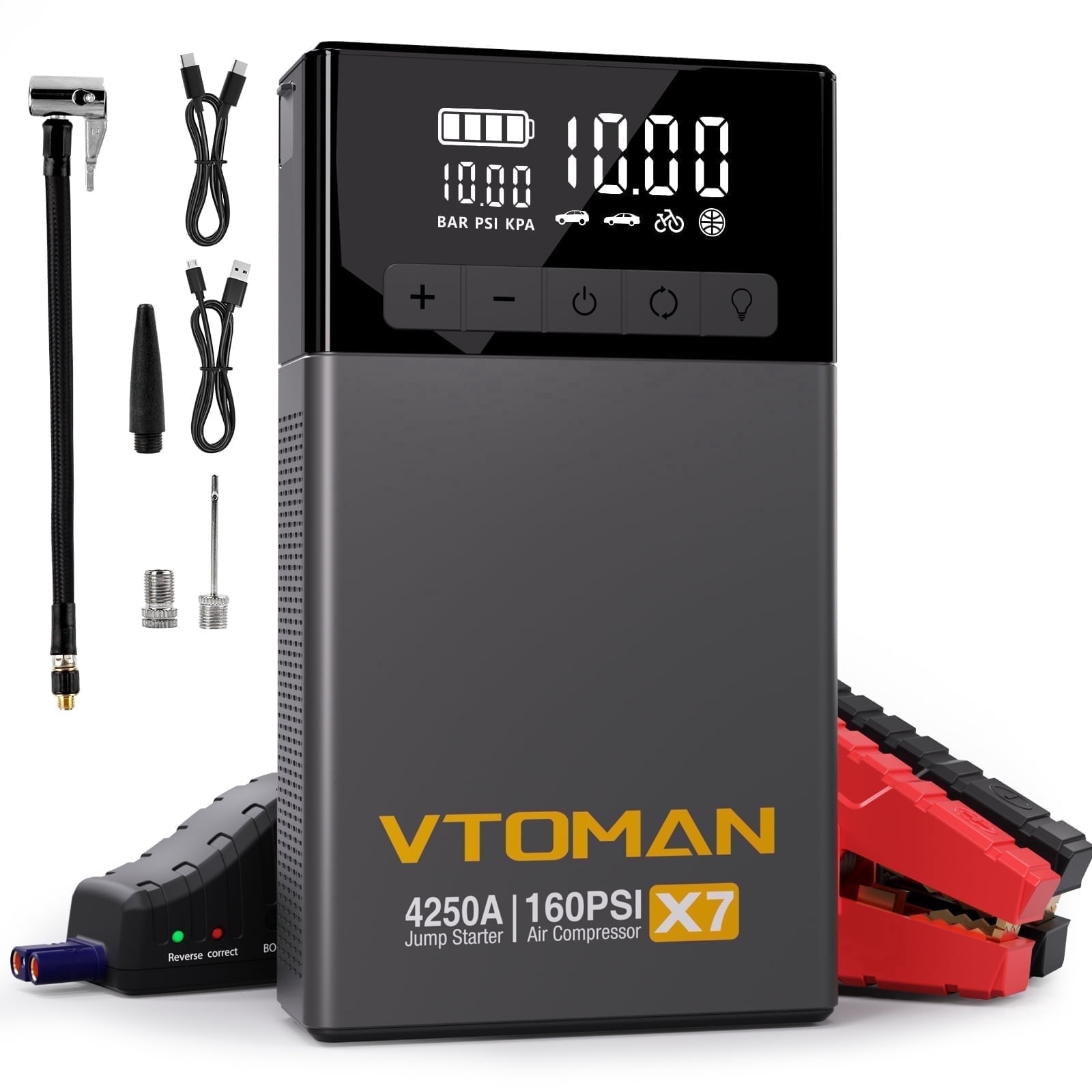 VTOMAN X7 Jump Starter with Air Compressor 4250A Portable Car Starter with 160PSI Digital Tire Inflator,12V Lithium Battery Charger Booster Box with Type-C Quick Charge Up 10L Gas10L Diesel Engine