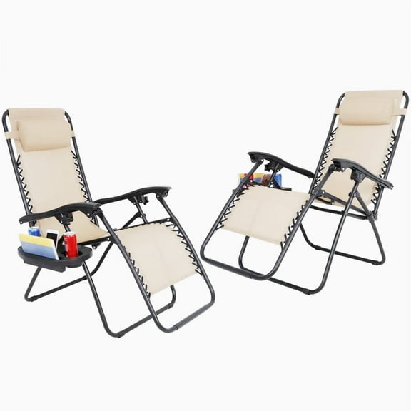 VTOY 2-Pack Zero Gravity Chair Outdoor Lounge Chairs Adjustable Mesh Reclining Chair for Pool Beach Camping Lounge Chair with Pillows and Cup Tray--Beige