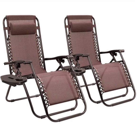VTOY 2-Pack Zero Gravity Chair Outdoor Lounge Chairs Adjustable Mesh Reclining Chair for Pool Beach Camping Lounge Chair with Pillows and Cup Tray-Brown