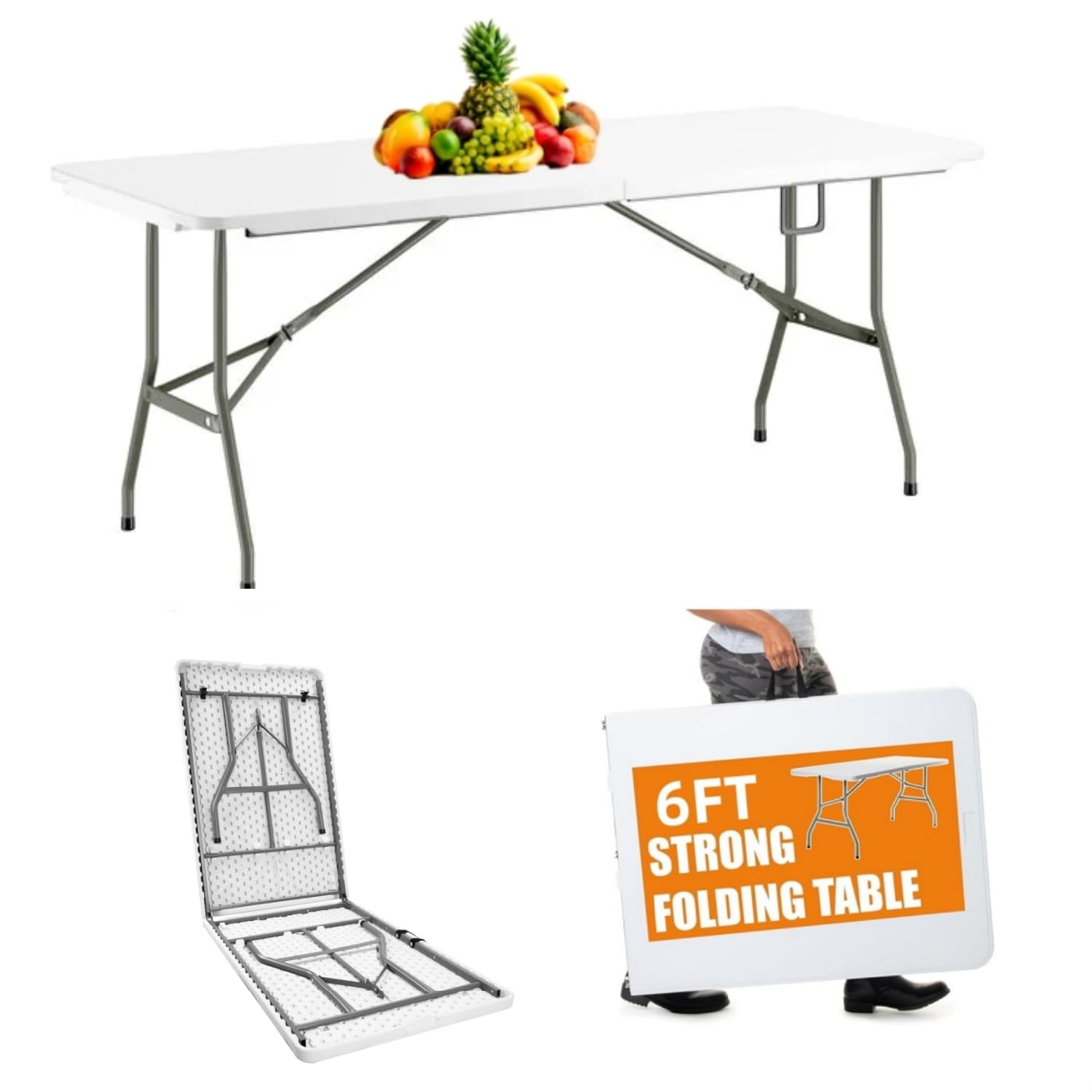 VTOY 6FT Folding Table White Plastic Folding Table Portable Long ...