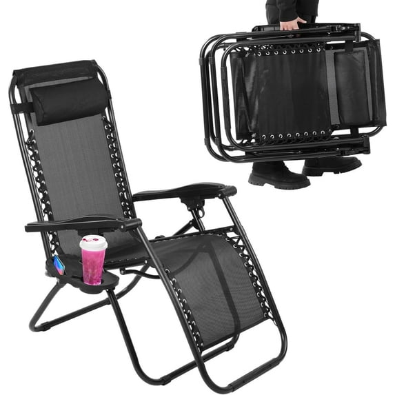 VTOY Zero Gravity Chair Outdoor Lounge Chairs Adjustable Mesh Reclining Chair for Pool Beach Camping Lounge Chair with Pillows and Cup Tray-Black