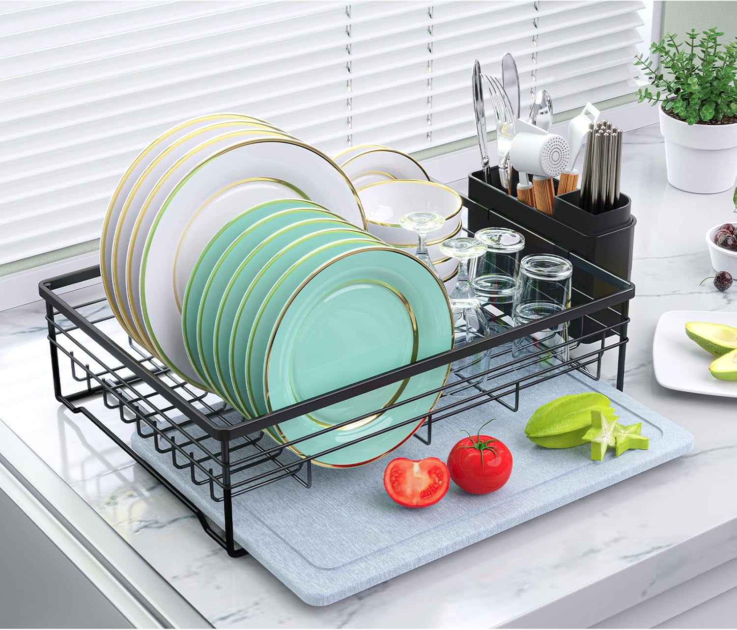 VTUBUON Dish Drying Rack with Stone Drying Mat 2 Tier/Quick-Drying ...
