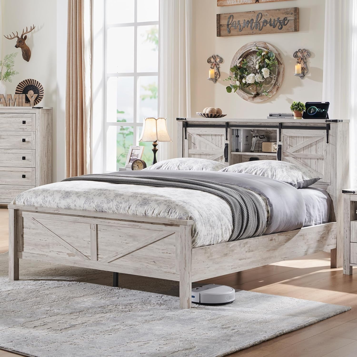 VTUIVBH Farmhouse Full Size Bed Frame with Bookcase Headboard Sliding ...