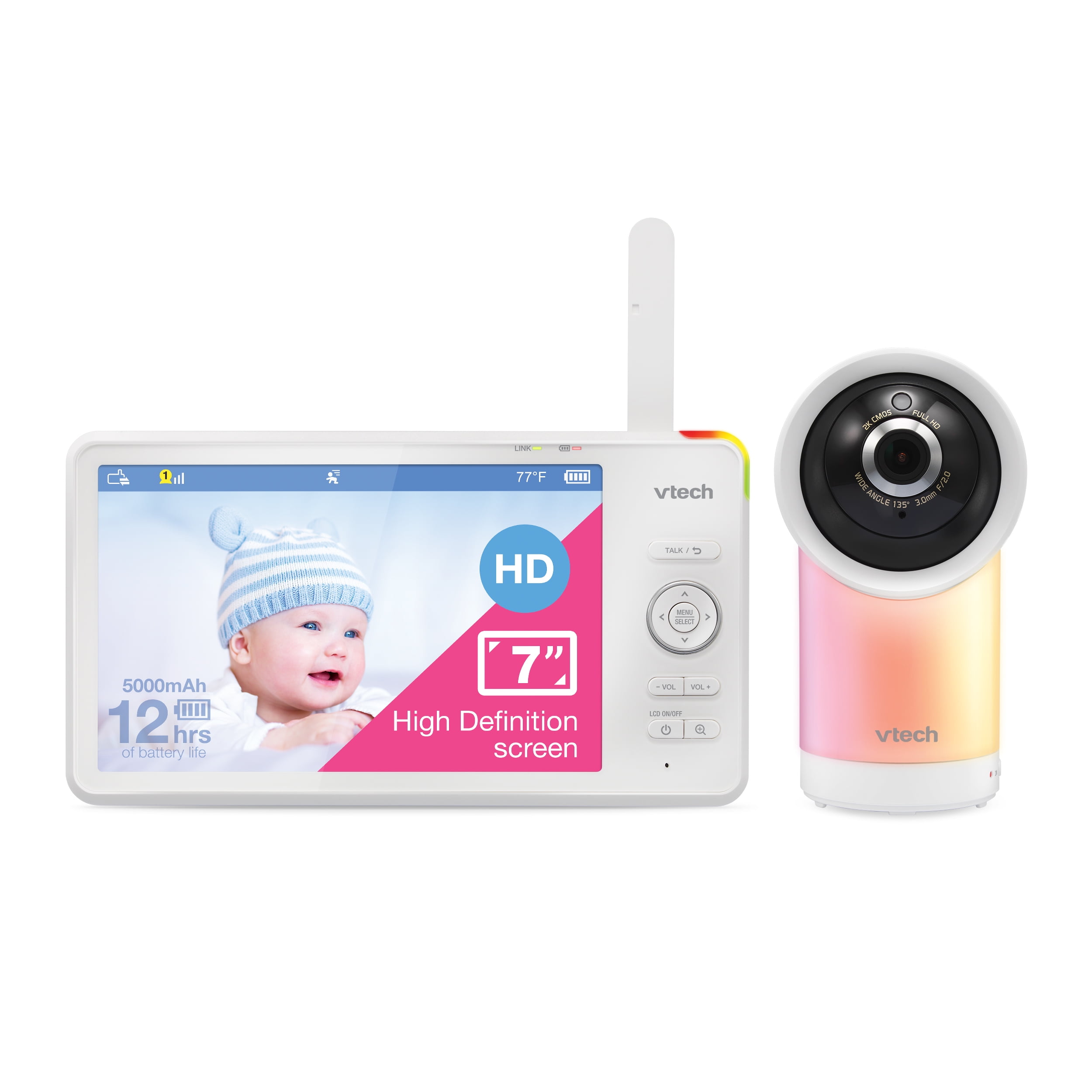 VTech VM819 Video Baby Monitor with 19Hour Battery Life 1000ft Long Range  Auto Night Vision 2.8 Screen 2Way Audio Talk Temperature Sensor Power  Saving Mode and Lullabies, White 1 camera