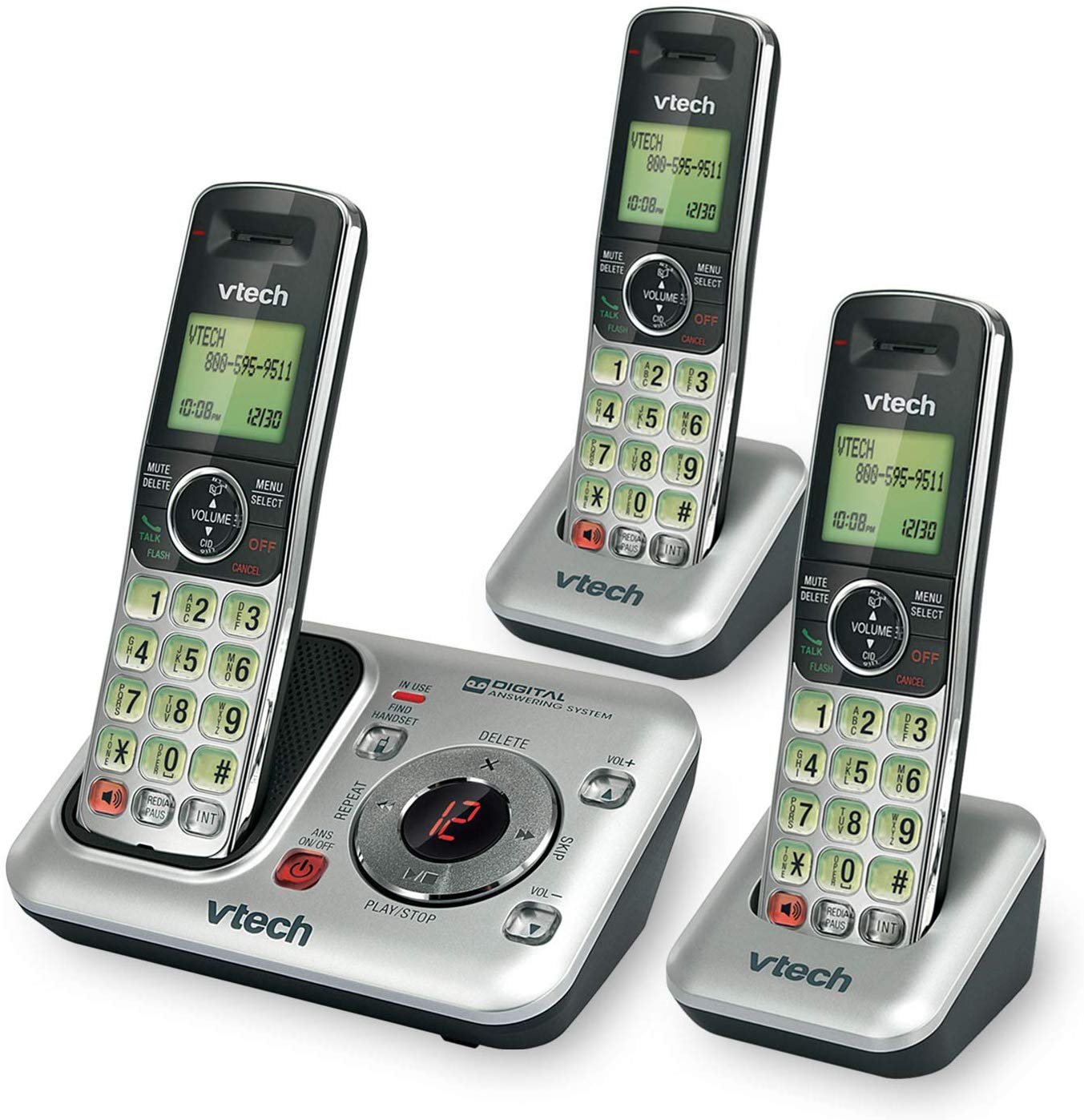 VTech 3-Handset DECT 6.0 Cordless Phone with Answering System and Caller ID, Expandable up to 5 Handsets, Wall-Mountable - image 1 of 3