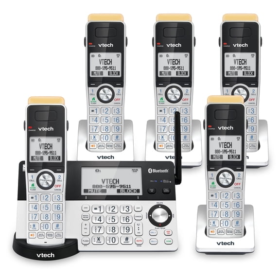 VTech 5-Handset DECT 6.0 Expandable Cordless Phone System for Landline, Answering System, Bluetooth Connect to Cell, and Call Blocker, IS8151-5