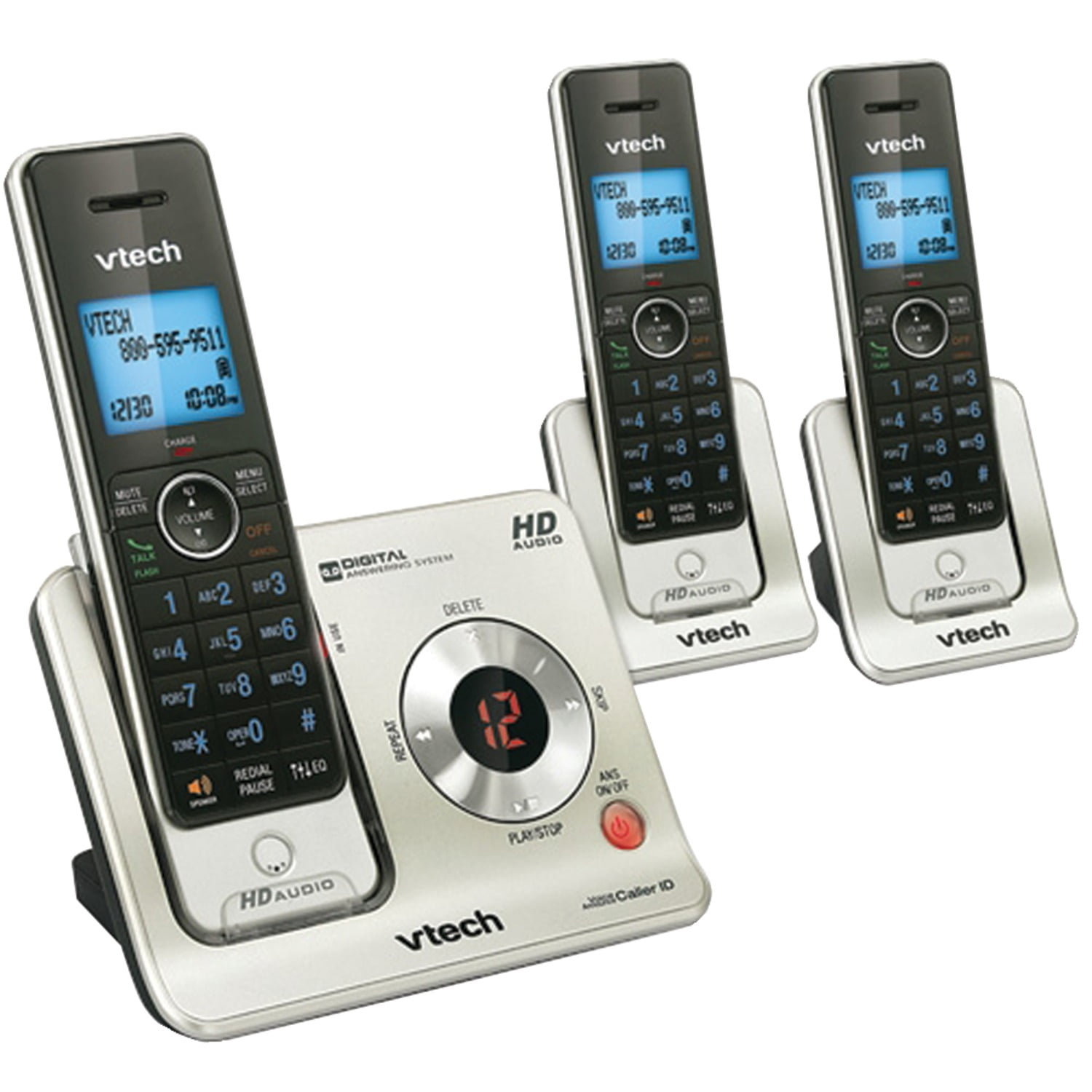 VTech DECT 6.0 3-Handset Expandable Cordless Phone System with Caller ID & Call Waiting, Black & Silver, LS6425-3