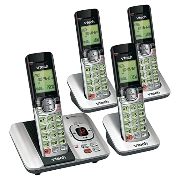 VTech DECT 6.0 4 Handsets Cordless Phone with LCD Screen, Silver & Black, 4 Count