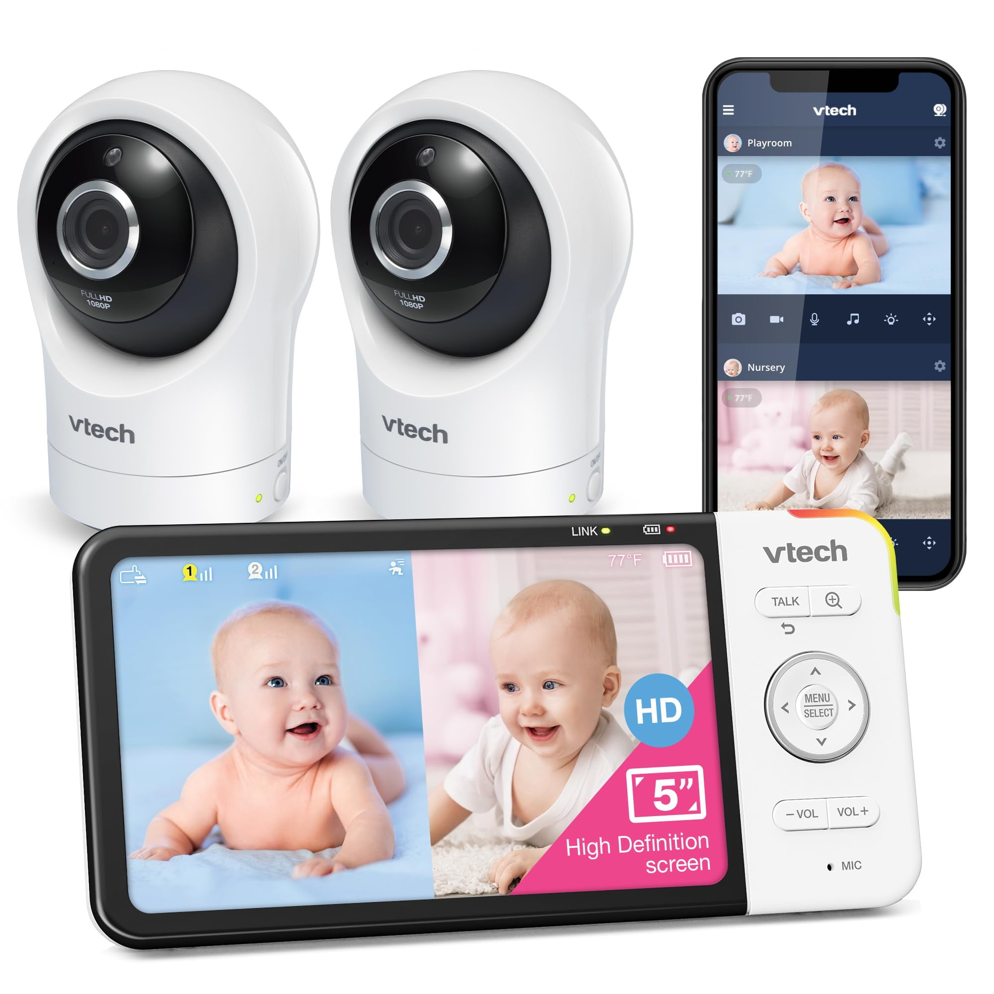 VTech White Smart WiFi Baby Monitor with 2 Cameras