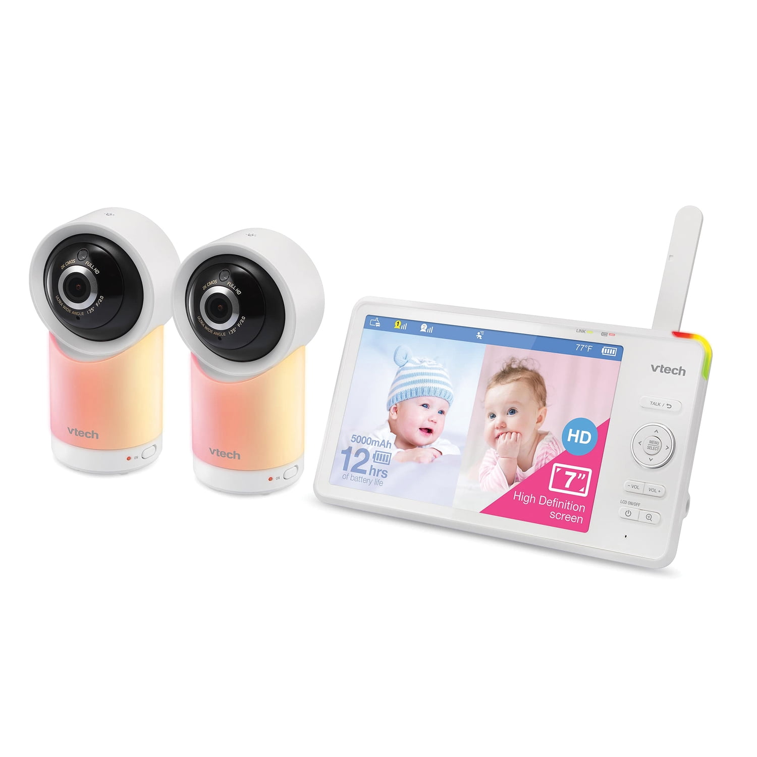 VTech RM77662HD Smart Wi-Fi 1080p 2-Camera 360-Pan-and-Tilt Video Baby Monitor System with 7-In. Display, Night-Light, and Remote Access, White, RM7766-2HD