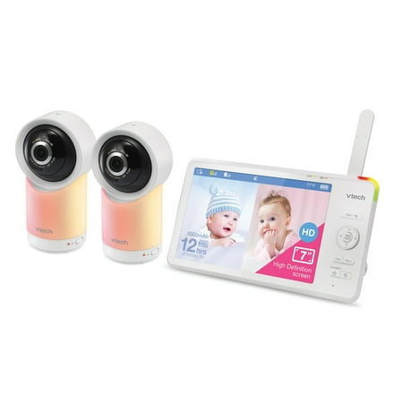VTech - 2 Camera 1080p Smart WiFi Remote Access 360 Degree Pan & Tilt Video Baby Monitor with 7” Display, Night Light - White