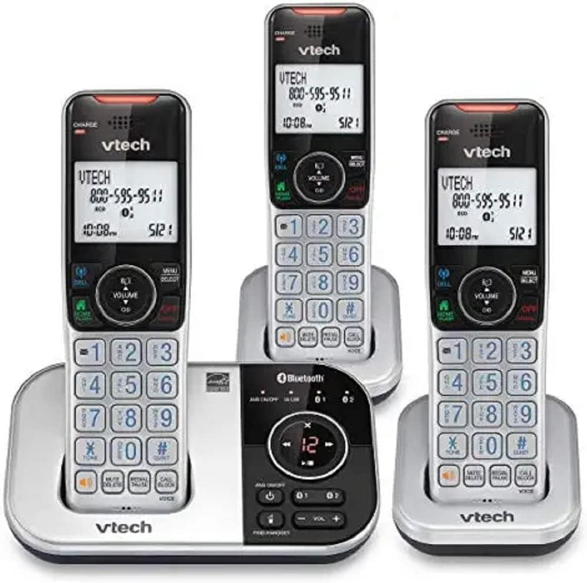 VTech VS112-3 DECT 6.0 Bluetooth 3 Handset Cordless Phone for Home with Answering Machine, Call Blocking, Caller ID, Silver & Black, New