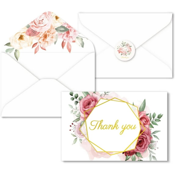 VUDECO Gold Foil Floral Thank You Cards Bulk 24 Pack 4X6 Boho Small Baby Shower Thank You Cards With Envelopes Flower Stickers Boy Girl Blank Elegant Wedding Thank You Cards Pink Notes Holiday Bridal