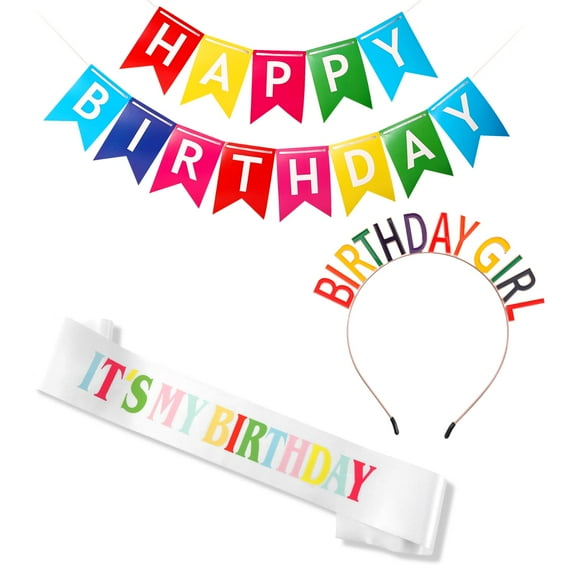 VUDECO Rainbow Tiara for Women 3PCs Set - Birthday Girl Crown Birthday Girl Sash Happy Birthday Banner Birthday Crowns for Women Birthday Sash Tiara Birthday Headband Birthday Tiara for Women Girl