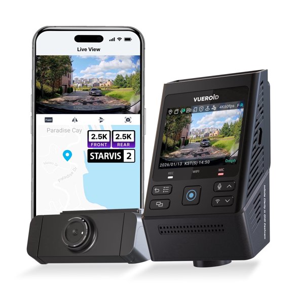 VUEROID S1 QHD Infinite 2.5K + 2.5K Front and Rear Dash Cam, 5GHz Wi-Fi, GPS, STARVIS 2