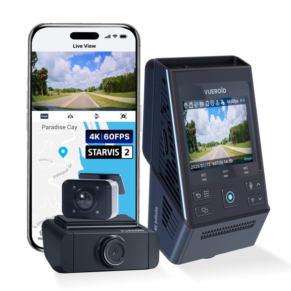 VUEROID S1 4K Infinite 4K + 2.5K + FHD Front, Inside and Rear Dash Cam, 5GHz Wi-Fi, GPS, STARVIS 2