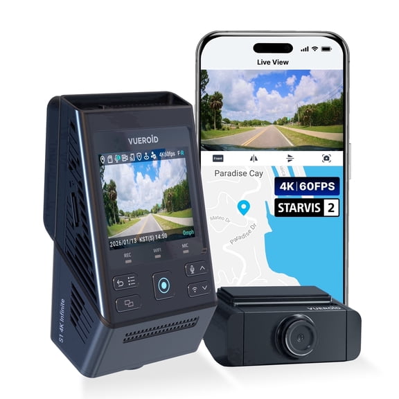 VUEROID S1 4K Infinite 4K + 2.5K Front and Rear Dash Cam, 5GHz Wi-Fi, GPS, STARVIS 2