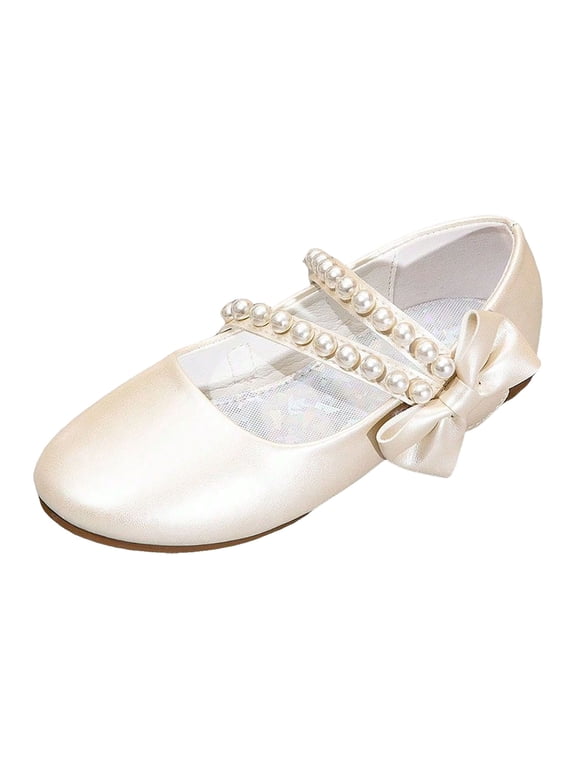 Girls Dress Shoes Flower Ballet Flat Shoes with Pearl Ankle Strap for Wedding Party Size 2.5