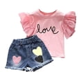 thumbnail image 1 of VUHXZWAF Girls Summer Clothes Set Ruffled Sleeve T Shirts Denim Shorts Kids 2 Piece Outfits Size 3-4 Years, 1 of 5