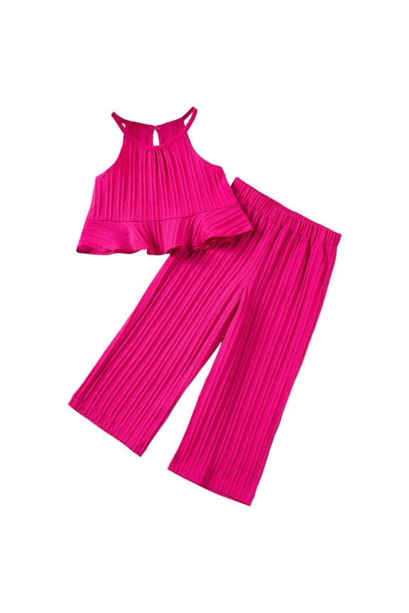 Girls Summer Outfits Sleeveless Ruffle Tops and Wide Leg Pants Kids Clothing Set Red Size 5-6 Years