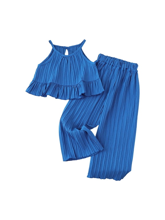 Girls Summer Outfits Sleeveless Ruffle Tops and Wide Leg Pants Kids Clothing Set Size 5-6 Years