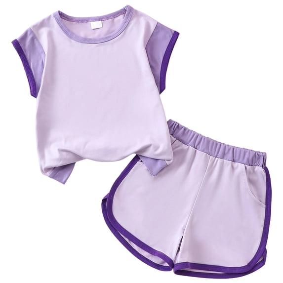 VUHXZWAF Summer Outfits Girls Fashion Color Block Short Sleeve Shirt and Shorts 2 Piece Set Size 1-2 Years