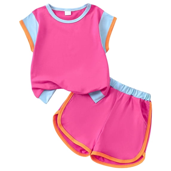 VUHXZWAF Summer Outfits Girls Fashion Color Block Short Sleeve Shirt and Shorts 2 Piece Set Size 5-6 Years