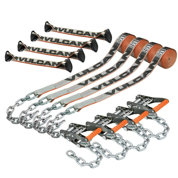 VULCAN 8-Point Roll Back Vehicle Tie Down Kit - Chain Tails on Both Ends - Set of 4 - Silver Series