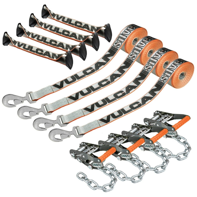 VULCAN 8-Point Roll Back Vehicle Tie Down Kit, Snap Hook on Strap Ends and  Chain Tail on Ratchet Ends, Set of 4, Silver Series