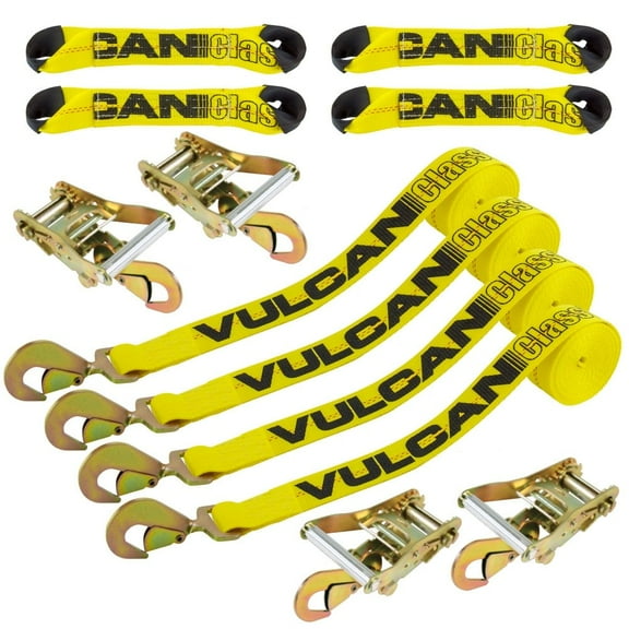 VULCAN 8-Point Roll Back Vehicle Tie Down Kit - Snap Hooks on Both Ends - Set of 4 - Classic Yellow