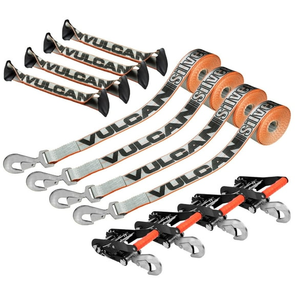 VULCAN 8-Point Roll Back Vehicle Tie Down Kit - Snap Hooks on Both Ends - Set of 4 - Silver Series