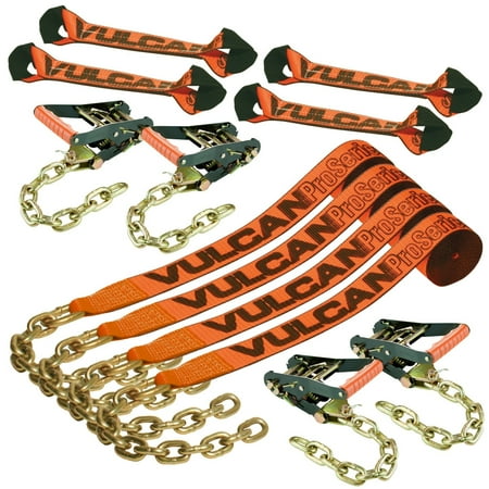 VULCAN 8-Point Roll Back Vehicle Tie Down Kit with Chain Tails On Both Ends, Set of 4 - PROSeries