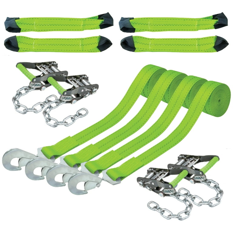 VULCAN 8-Point Vehicle Tie Down Kit, Snap Hook on Strap Ends and Chain Tail  on Ratchet Ends, Set of 4, Reflective High-Viz