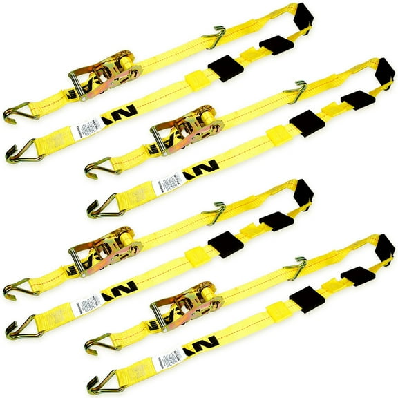 VULCAN Autohauler Car Tie Down, J Hooks, Sliding Idler 3-Cleat, 120 inch, 4 Pack, Yellow, 1600 Lbs SWL