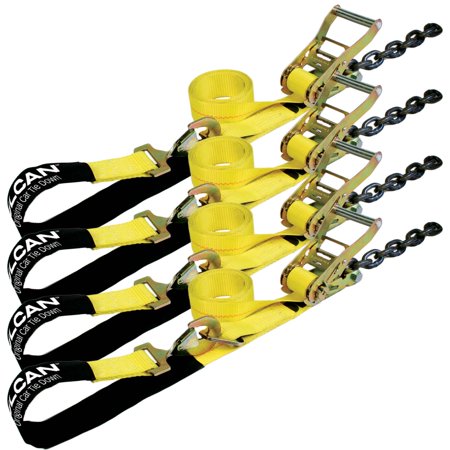 VULCAN Axle Tie Down Combo Strap, Chain Tail Ratchet, 2 x 114 inch, 4 Pack, Yellow, 3300 Lbs SWL