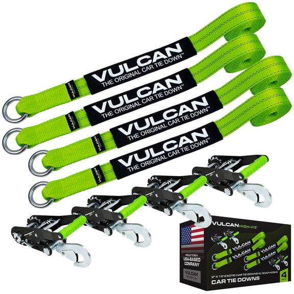 VULCAN Car Rim Tie Downs - Ratchets - 2 inch x 144 inch - 4 Pack - High-Viz - 3300 Lbs SWL