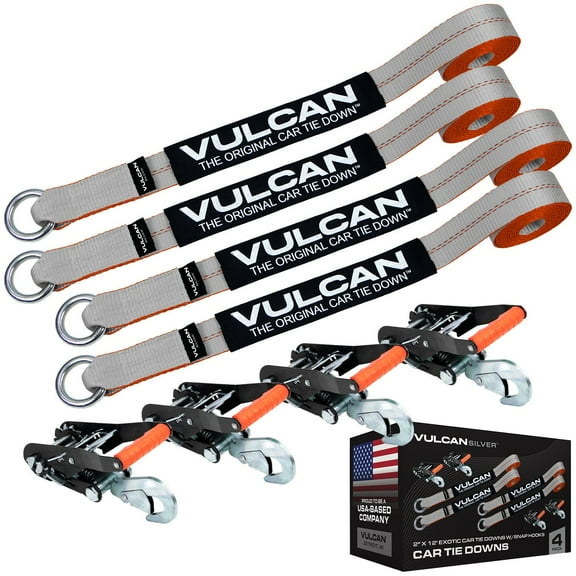 VULCAN Car Rim Tie Downs - Ratchets - 2 inch x 144 inch - 4 Pack - Silver Series - 3300 Lbs SWL