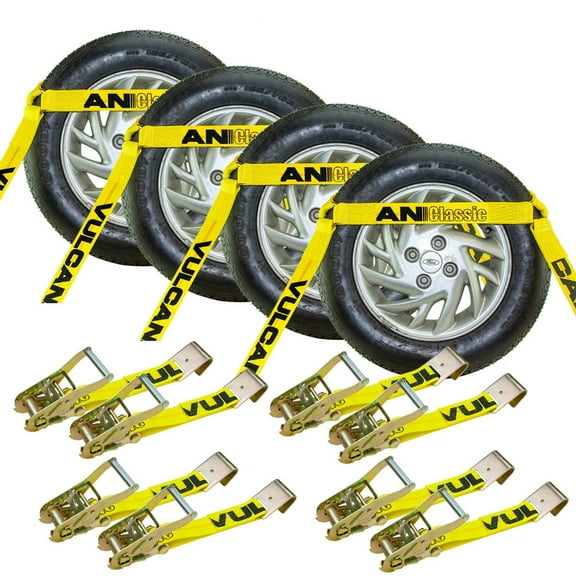 VULCAN Car Tie Down - Flat Hooks - Flat Bed Side Rail - 4 Pack - Classic Yellow - 3300 Lbs SWL