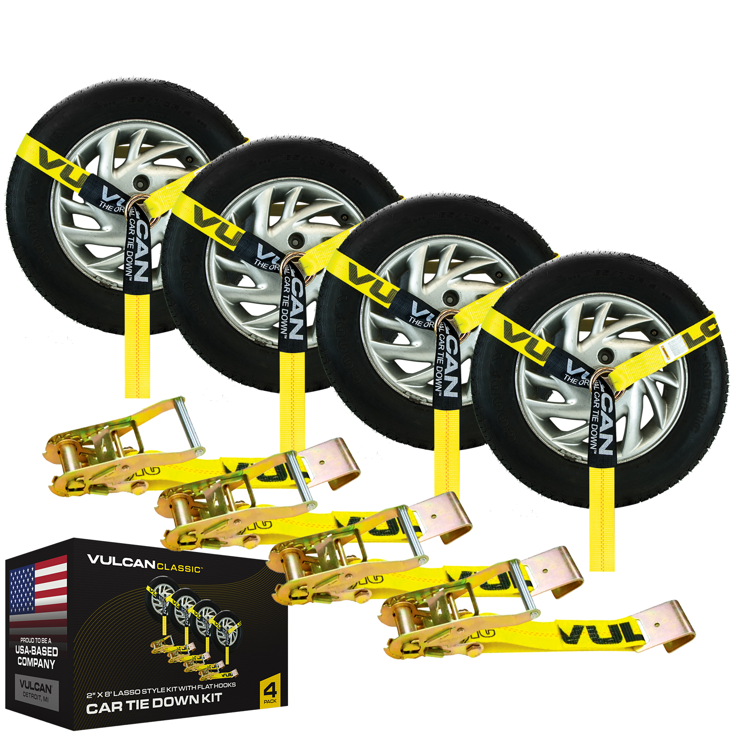 VULCAN Car Tie Down Flat Hooks Lasso 2 inch x 96 inch 4 Pack