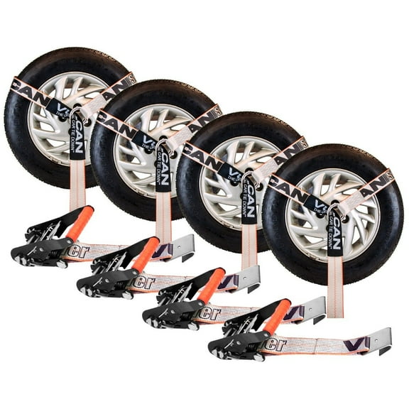 VULCAN Car Tie Down - Flat Hooks - Lasso - 2 inch x 96 inch - 4 Pack - Silver Series - 3300 Lbs SWL