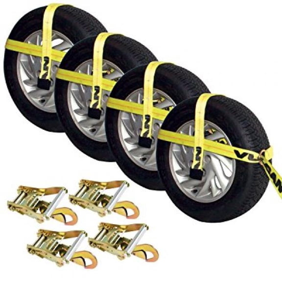 VULCAN Car Tie Down Kit - Adjustable Loop - Snap Hooks - Classic Yellow - 4 Straps and 4 Ratchets