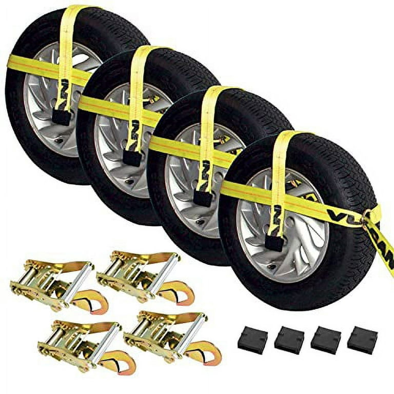 Vulcan Classic Yellow Adjustable Loop Car Tie Down Kit with Snap Hooks, 4 Straps & 4 Ratchets