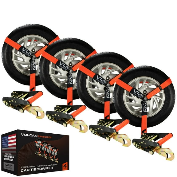 VULCAN Car Tie Down - Snap Hooks - Lasso - 2 inch x 96 inch - 4 Pack - PROSeries - 3300 Lbs SWL