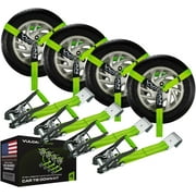 VULCAN Car Tie Down with Flat Hooks - Lasso Style - 2 Inch x 96 Inch - 4 Pack - High-Viz - 3,300 Pound Safe Working Load
